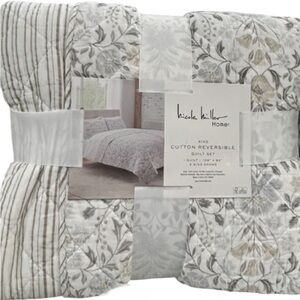 Nicole Miller Brown, Gray and White King Cotton Reversible King Quilt Set